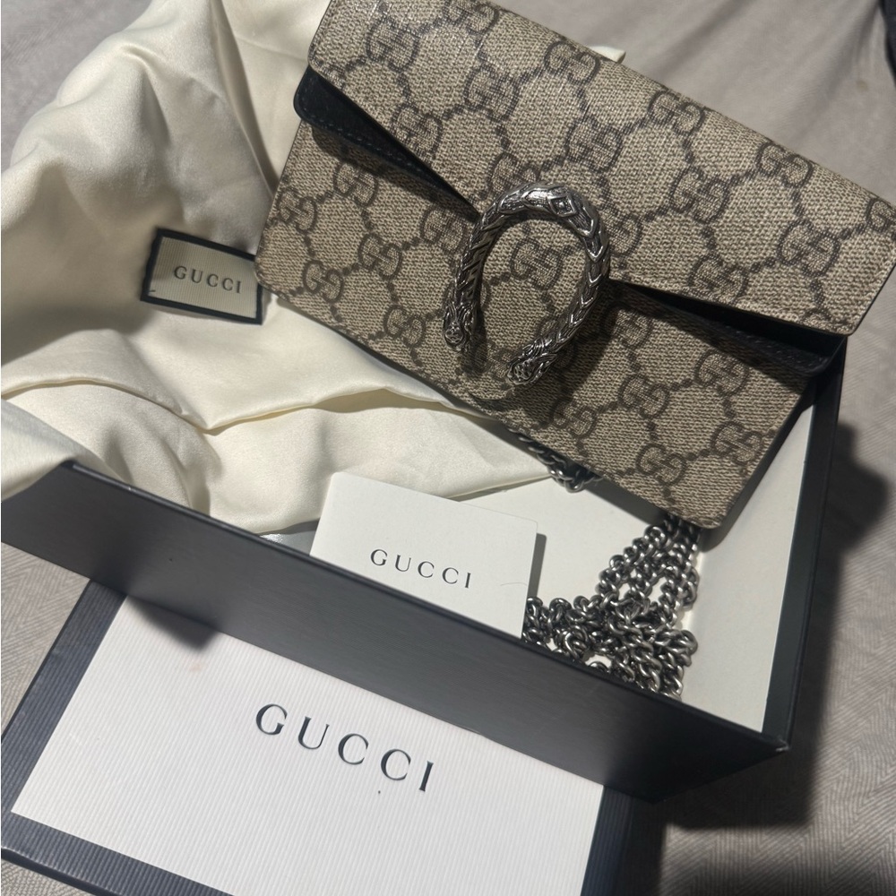 Gucci Beige and Black Clutch with Silver Chain